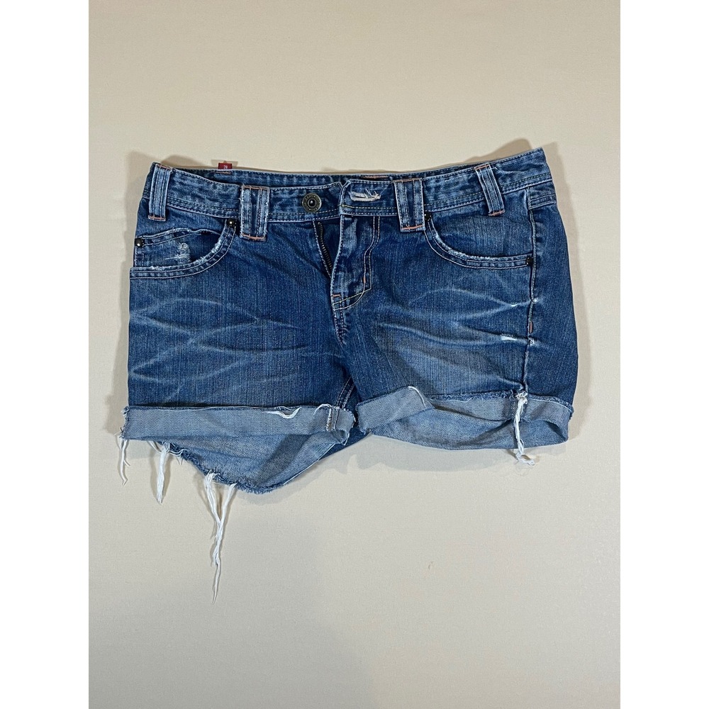 By Dumi Jeans Womens Denim Cut Off Shorts Medium Wash Distressed Low Rise 28